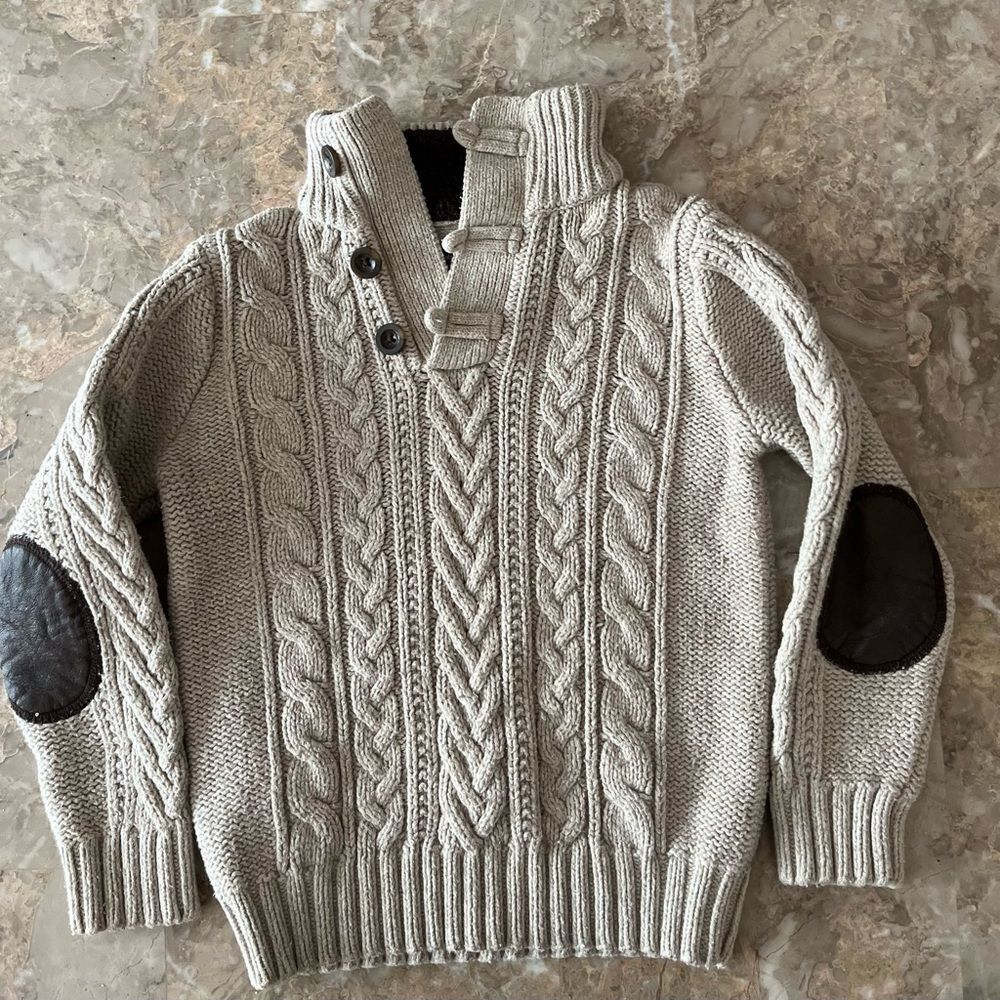 BabyGap, brown/beige sweater, elbow patches, button/hook closure, cable knit, 3 - Picture 2 of 10